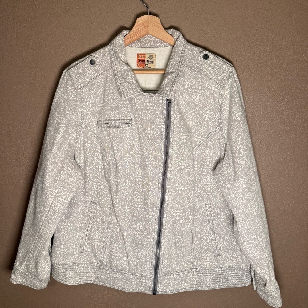 Ruff Hewn Gray & White Cotton Denim Moto Jacket Women's Plus Size 2X Streetwear - Picture 2 of 15